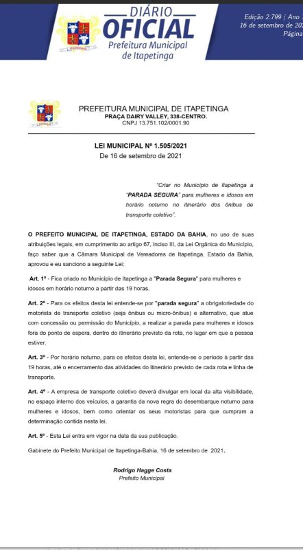 Publicação no D.O. da sanção da PL 1.505/2021 - Parada Segura